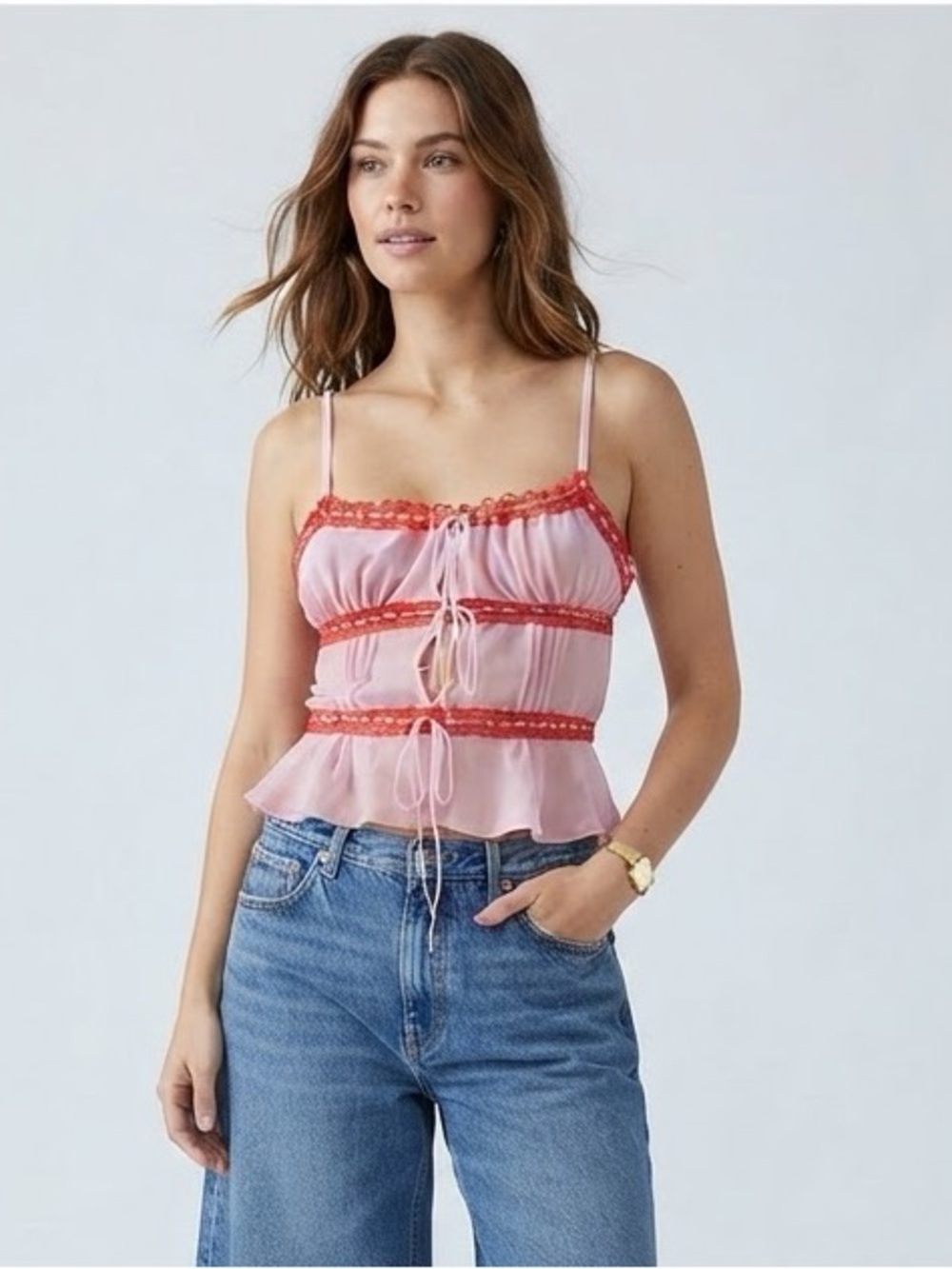 Kimchi Blue Pink and Red Sheer Camisole Top(Pit to pit 18” Length 10”)